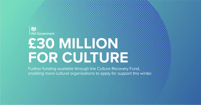 £30 million for culture. Further funding available through the Culture Recovery Fund, enabling more cultural organisations to apply for support this winter. Headline graphic.