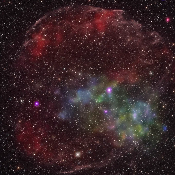 A mostly round reddish cloud with a cluster of other colors in the lower, right-hand quadrant. Chandra data (yellow, green and bright red) show multimillion-degree gas and Hubble optical data show cooler gas in the system, near the outer border of the remnant in red.