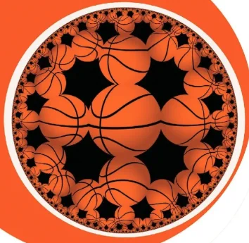 A hyperbolic tiling of the poincare disk with basketball shapes.