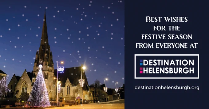 Image of Helensburgh town square and Parish Church with lit-up Christmas tree, and message 'Best wishes for the festive season from everyone at Destination Helensburgh'