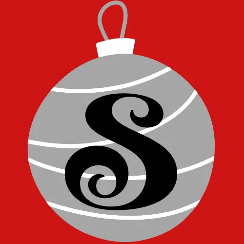 Red background with grey and white bauble with black letter 'S' in the centre
