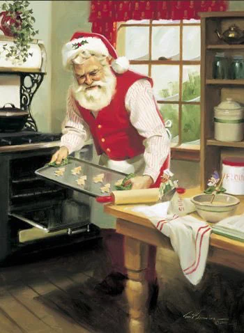Drawings of a 1950s Santa clause in a red stripe shirt vest and Santa hat taking Christmas tree sugar cookies out of an old oven while elves stir more batter and spill sugar.