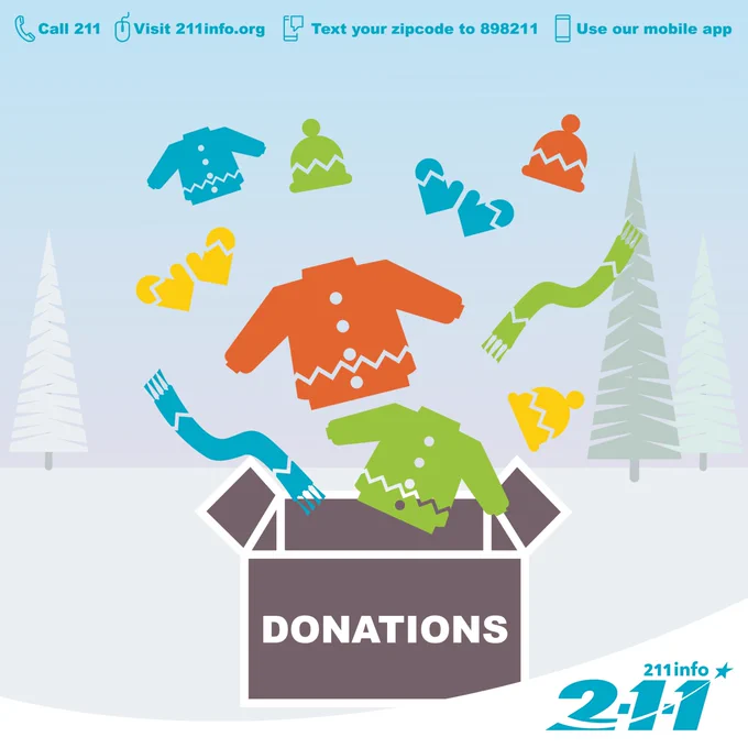 An animated picture of a box sitting outside in the snow. Behind it are trees and a snow covered landscape. Scarfs, hats, gloves and sweaters are floating into a box titled "donations". The following additional text is found on the visual: Call 211, Visit 211info.org, Text your zip code to 898211, and use your mobile app.  