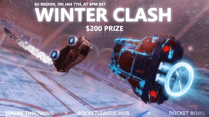 Rocket League tournament: Winter Clash!
- Europe.
- January 7th.
- 6PM GMT.
- Collaboration between Rocket League Hub, You're Throwing & Rocket Bowl. 