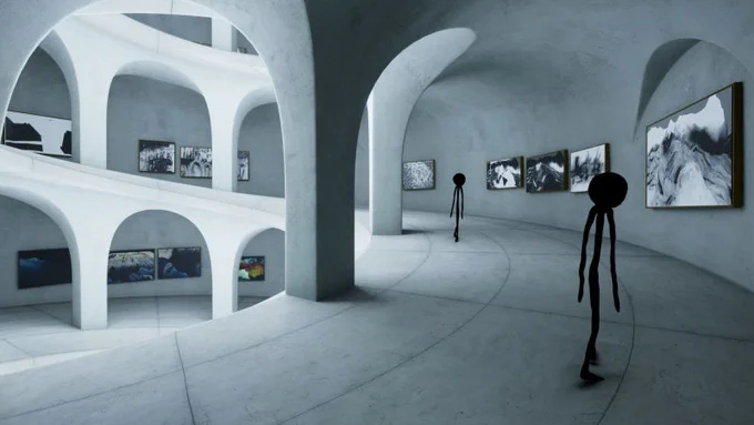 Screenshot from Kid A Mnesia. Stick figures walking up a spiral ramp. Walls have paintings hung.
