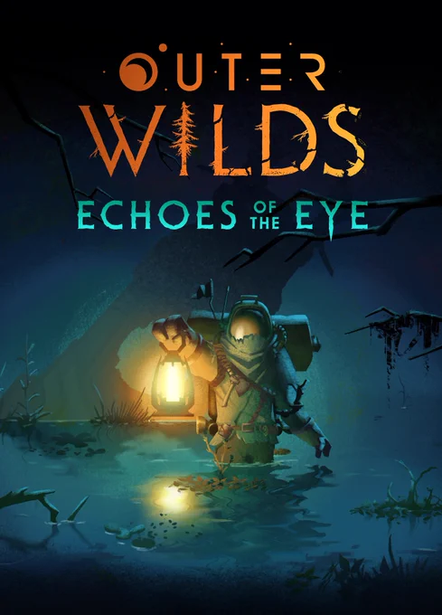 Promo image for Outer Wilds: Echoes of the Eye. Shows a character in a space suit holding a lantern in a swampy environment.