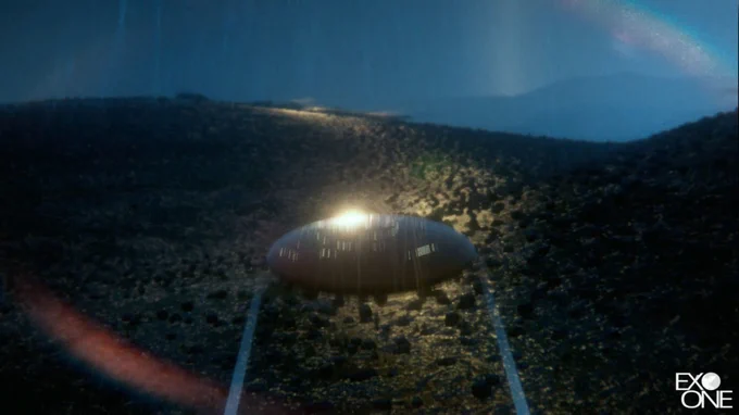 Screenshot of Exo One. An oblong space ship is moving through a rainy environment of gentle hills.