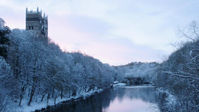Durham Cathedral and River Wear surrounded by snow
