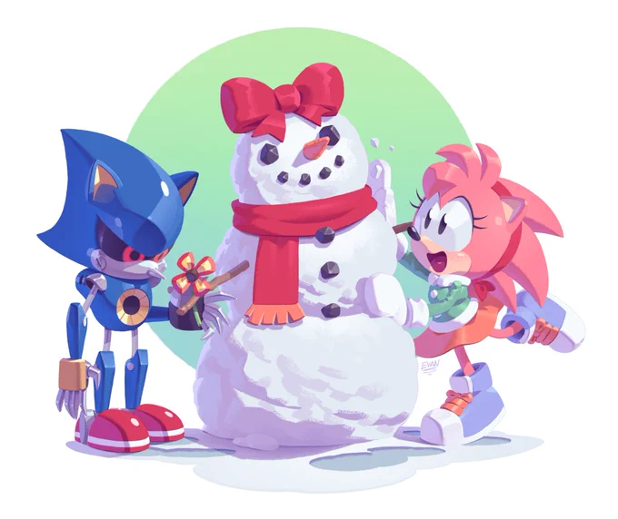 Amy Rose and Metal Sonic building a snowman together.
