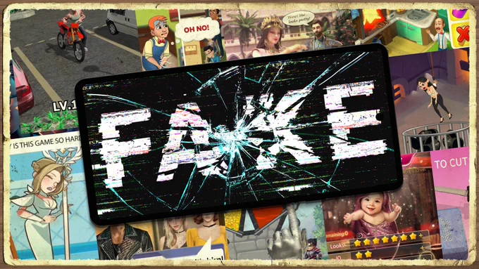 Handy mit gebrochenem Display, darauf "FAKE". Dahinter zahlreiche Screenshots von Mobile Game-Werbespots