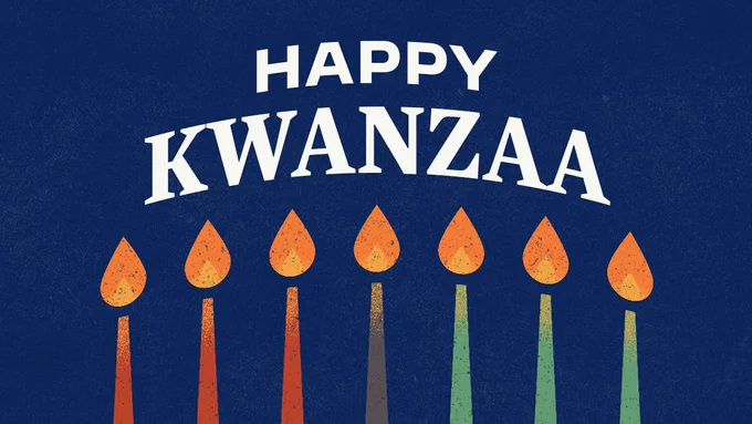 A graphic that reads "HAPPY KWANZAA" and with an illustration of six candles that are lit, three red, one black, and three candles. 