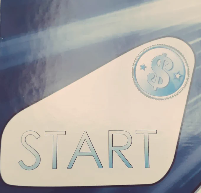 The word 'START' on a wedge shape with a dollar sign above, from a board-game.