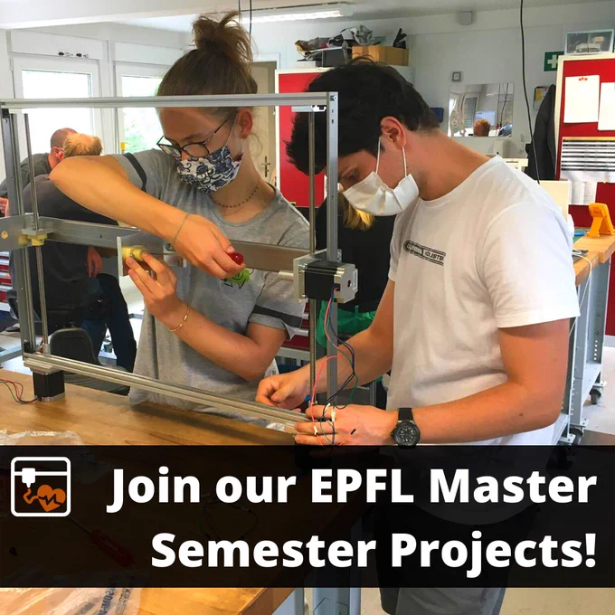 A picture of 2 students from EPFL focusing on the development of a personalized solution with and for a person with disabilities. 