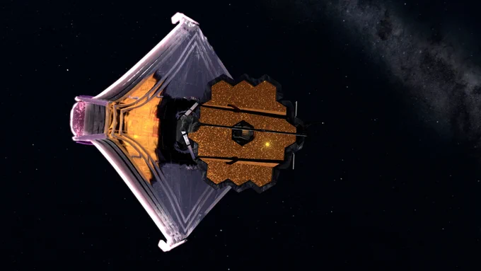 Conceptual animation of the James Webb Space Telescope in space with stars in the background, reflected in the telescope's primary mirror 