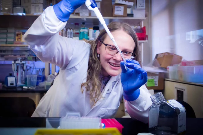 CMU Chemical Engineering Ph.D. student, Mariah Arral, conducts research in a lab at Doherty Hall

