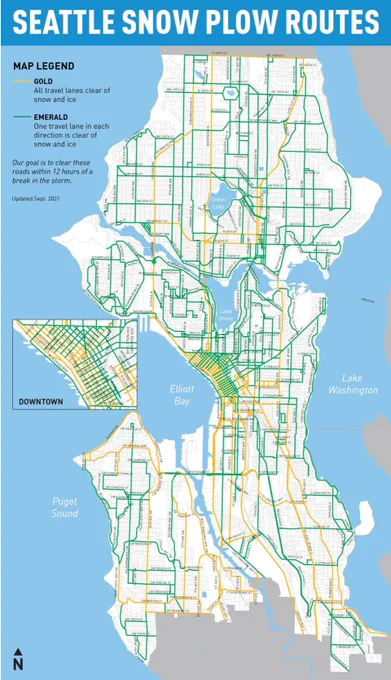 Map of Seattle with white text: "Seattle snow plow routes" on blue banner. Emerald lines showing where in the city one travel lane on each side is cleared and gold lines showing where all travel lanes are cleared.