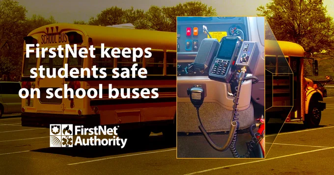 "FirstNet keeps students safe on school buses;" FirstNet Authority logo; a school bus; a graphic showing the push-to-talk enabled cell phone inside the front of the bus