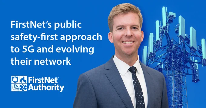 "FirstNet's public safety-first approach to 5G and evolving their network;" FirstNet Authority logo; Edward Parkinson headshot; a 5G cell tower