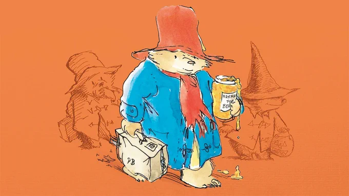 An illustration of Paddington Bear holding a suitcase in one paw and a jar of marmalade in the other