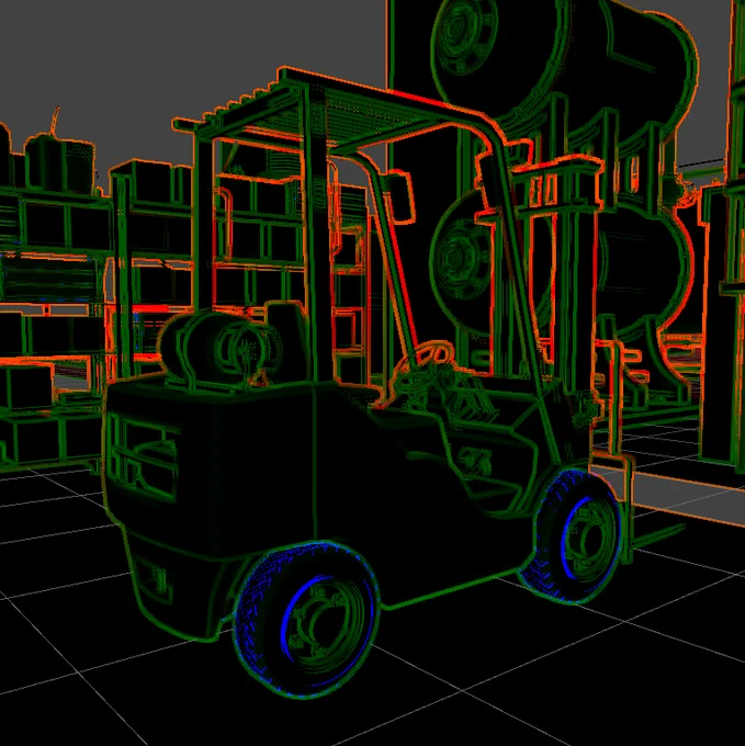 A 3D model of a black forklift with outlines in different colors ranging from blue to orange.