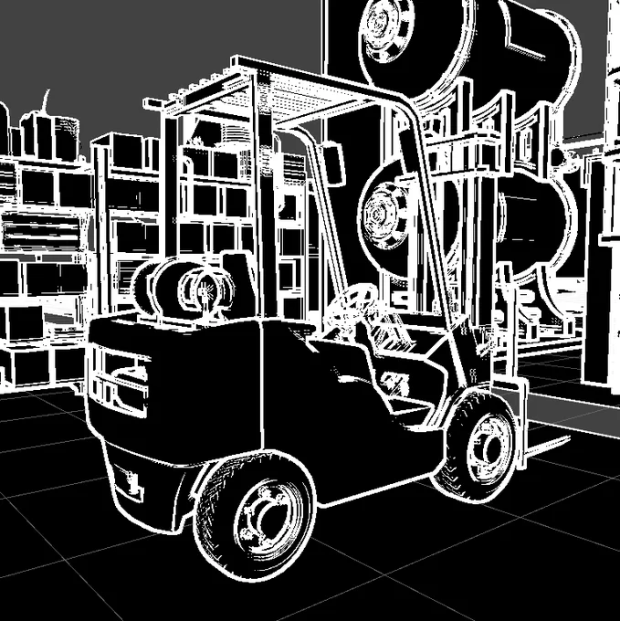 A screenshot from a game showing a black forklift with white outlines.