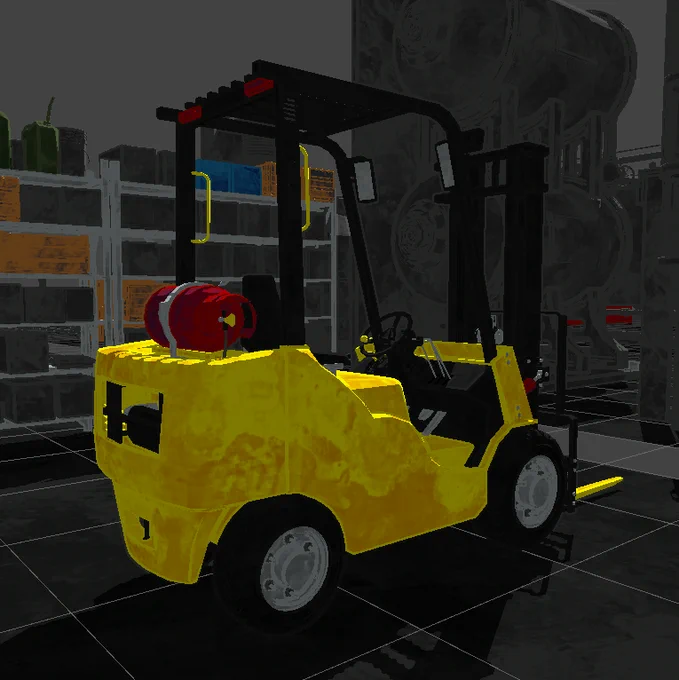 A stylized 3D forklift with outlines that match each part's color.