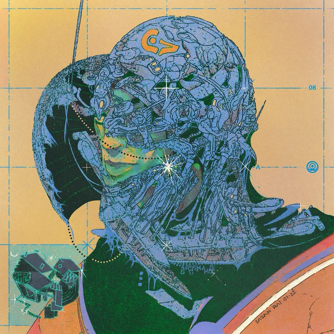 illustration of a bust wearing a gnarly, mechanical looking headset, which is opening up to reveal part of their face and a small, abstract building design in the bottom left. 
