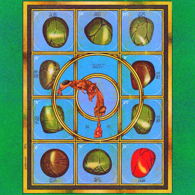 illustration of a 3 by 4 gold frame, in which the outer squares are contained pebble like shell, cracked, mostly green and brown save for the one in the bottom right that is bright red. The middle of the frame is circular, and contains a shrimp/insect like creature bent at a 90 degree angle. 