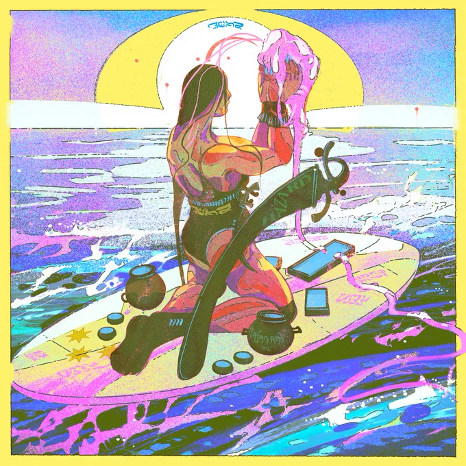 a surfer, armed and on a board with various pots and devices, holds aloft a jelly-like creature emerging from the waves. Fluids are exchanged from one another brains. Sun near the horizon in the background, creating pink light.