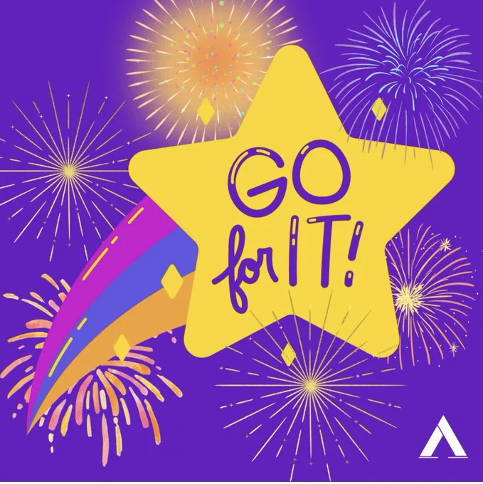 Go for it Text auf einem Stern mit Feuerwerk umrandet