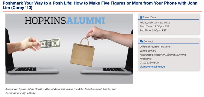 Live stream discussion of how to create or supplement a business online with the Poshmark platform: https://events.jhu.edu/form/poshmark