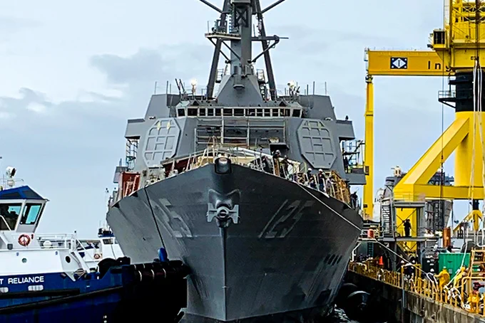 The U.S. Navy’s new guided missile destroyer, USS Jack H. Lucas (DDG-125) launching at Huntington Ingalls Industries in Pascagoula, Mississippi.