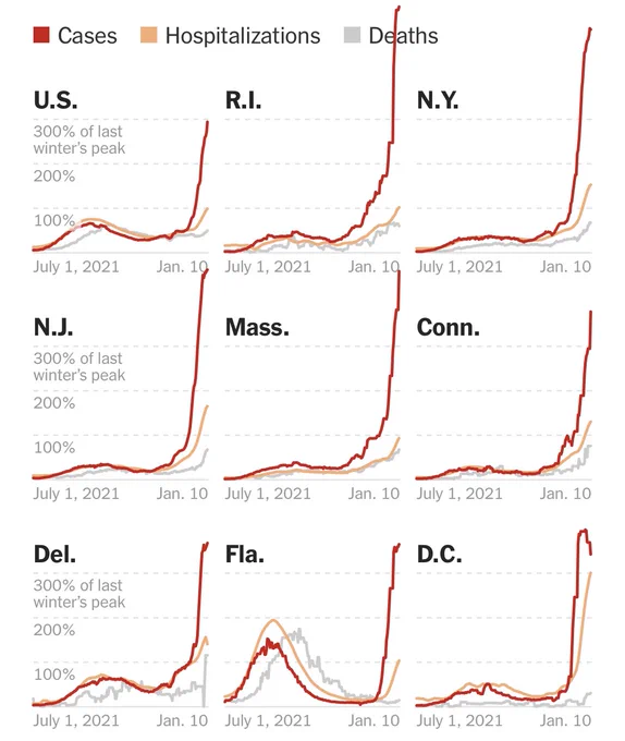 A multi-faceted plot from the NYT Covid page, showing cases, deaths and hospitalizations as overlapping line graphs. 9 states/regions are shown in a 3x3 grid. From top left to bottom right: US, Rhode Island, New York, New Jersey, Massachusetts, Connecticut, Delaware, Florida, and D.C. 

Many of the plots has a red “cases” line that extends above the region of the graph, even overlapping with titles outside the plot.