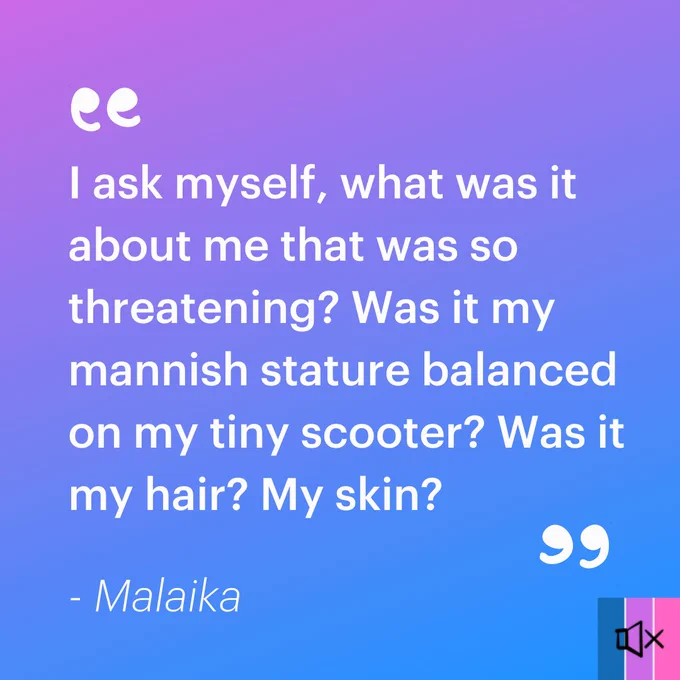 Tile 2 features a quote from Malaika’s blog: “I ask myself, what was it about me that was so threatening? Was it my mannish stature balanced on my tiny scooter? Was it my hair? My skin?”
