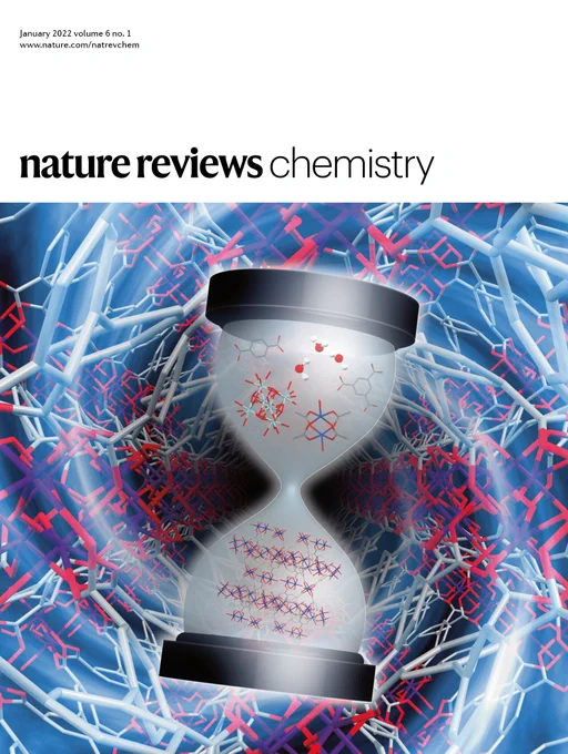 Nat. Rev. Chem. January 2022 cover image: An hourglass containing MOF components moves into MOF pore.  The image illustrates the importance of considering the 4th dimension (time) when studying the properties and applications of MOFs