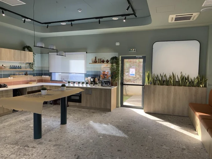 Wide view of redesigned Microsoft Athens cafeteria. Showcasing the kitchenette part of the cafeteria. 