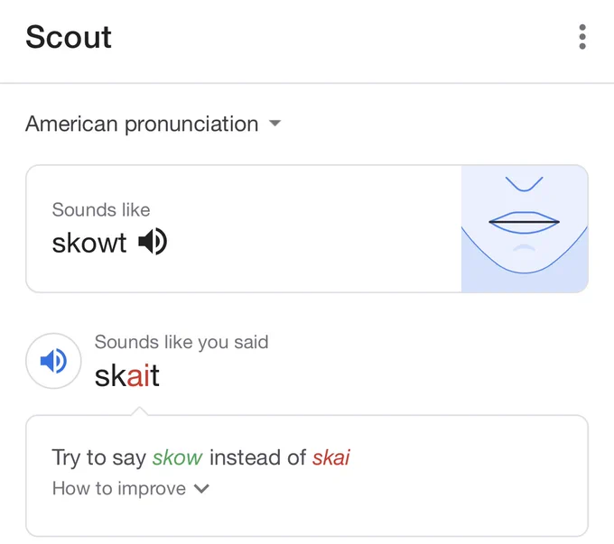 screenshot of google pronunciation interface of the word 'Scout' with 'American pronunciation' selected. Result says this word "sounds like skowt" but that my voice sounds like "skait".