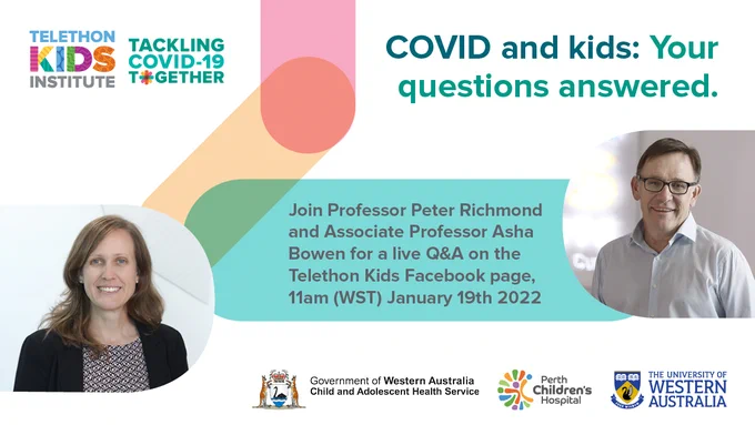A poster promoting the livestream "COVID and kids: Your questions answered." featuring Asha Bowen and Peter Richmond.