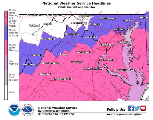 Map of Maryland with winter weather advisories and winter storm warnings.