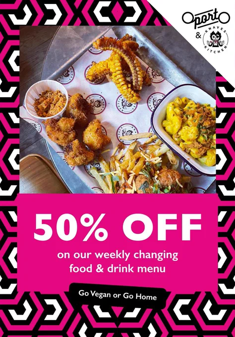 Pic of knaves kitchen sharing platter with 50% off on our weekly changing food & drink menu written below