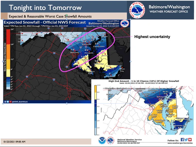 An image of the Maryland map with expected snowfall totals. It ranges from less than 1 inch in Garrett County, to 1 to 2 inches for Frederick, To 4 to 6 inches for Washington D.C., to 8 to 12 inches for parts of Southern Maryland like Lexington Park.