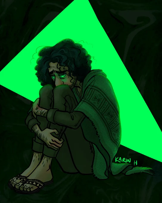 A digital drawing of Bruno Madrigal from the movie Encanto. He is sitting on the floor with his knees drawn up to his chest and his arms wrapped around his legs. He's looking down with a sad expression on his face, and his eyes are glowing green.