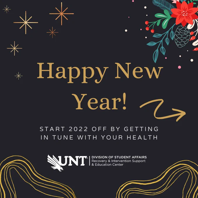 Happy New Year! Start 2022 off by getting in tune with your health. Image: fireworks, greenery and and arrow indicating to swipe left.