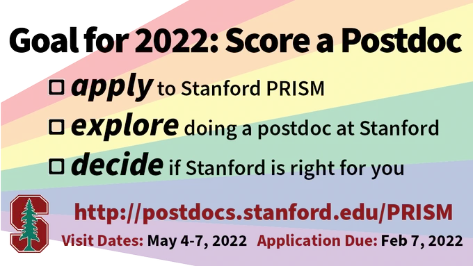 Stanford OPA aims to recruit, support, and engage those who might not otherwise consider doing a postdoc at Stanford. There are even some fellowship funds available for PRISM attendees that apply for this opportunity! 

Check out the PRISM website (hyperlinked below) for more information   direct access to the PRISM application! 

https://postdocs.stanford.edu/PRISM