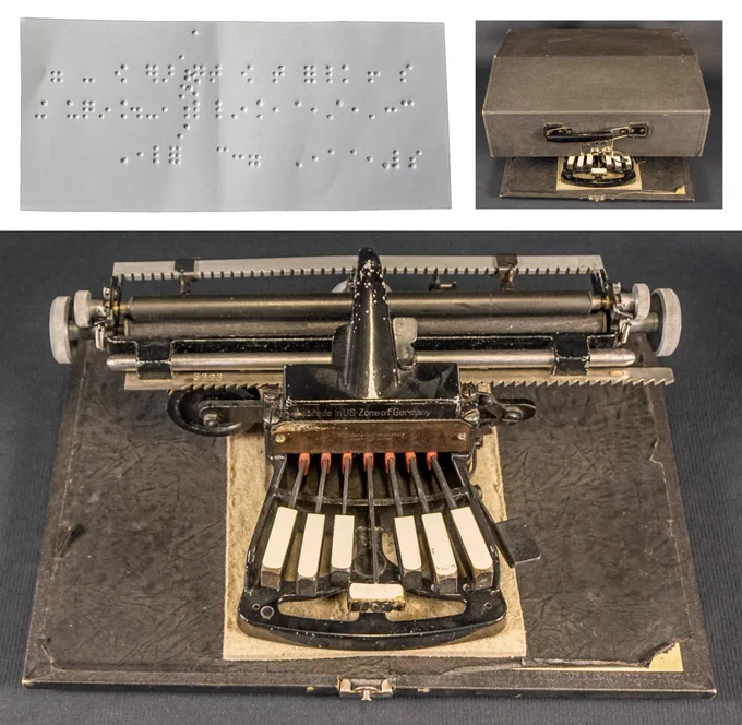 Typewriter for raised Braille, Braille, from Nyköping, 1940s
Typewriter for raised Braille according to Braille's system. Wood and metal construction with wooden keys topped with ivory. The printer is attached to the bottom of a wooden box, the upper part functions as a transport box with handles. Brand mark: "Marburg-Lahn Braillewriter" with number 3323. The typewriter was probably made during the latter part of the 1940s. 