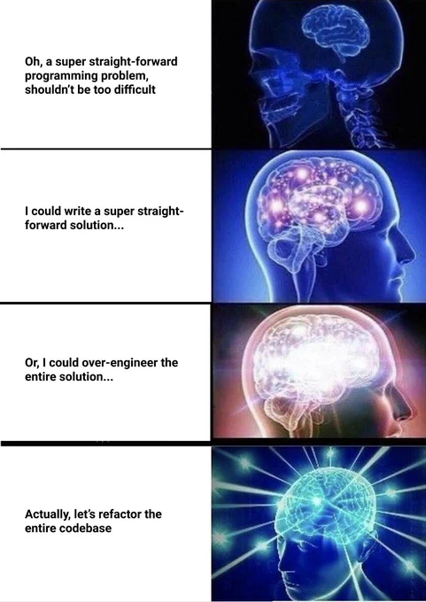 Oh, a super straight-forward programming problem, shouldn't be too difficult
I could write a super straight-forward solution...
Or, I could over-engineer the entire solution...
Actually, let's refactor the entire codebase