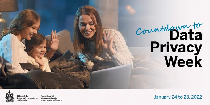 A mother and her two daughters make a video conference call from the comfort of their living room. Countdown to Data Privacy Week: January 24 to 28, 2022.
