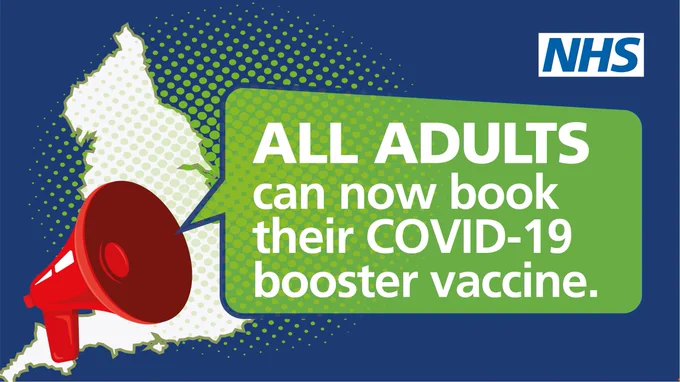 Graphic of a megaphone reads, 'all adults can now book their COVID-19 booster vaccine.'