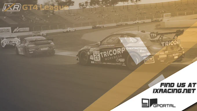 The promotional image for IXR’s GT4 League, brought to you by GPORTAL.