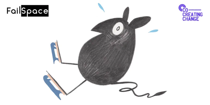 Hand drawn illustration of a panicked mouse wearing ice skates - the mouse is sweating and falling over.